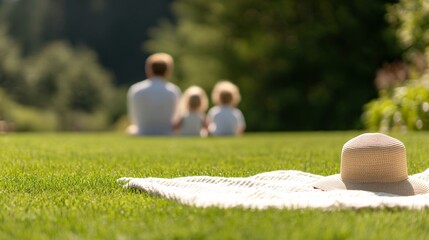 Naklejka premium spring outdoor leisure, family picnic in park, vibrant green surroundings