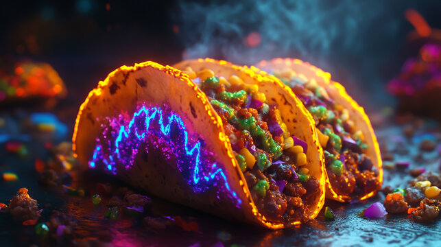 Two hard shell tacos with neon blue and orange glow filled with colorful ingredients on a dark background mexican food street food fast food