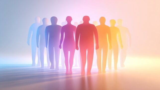 A group of figures in pastel colors, standing in a row