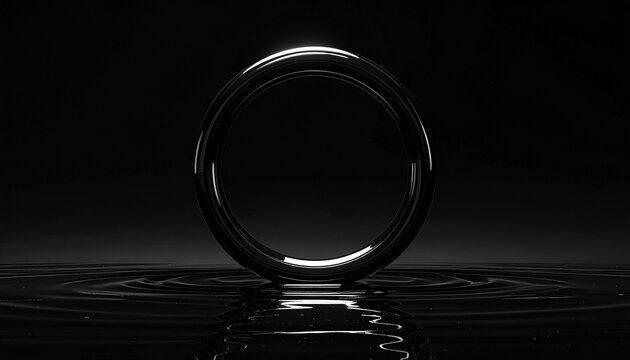 Shiny black ring on water surface with ripples