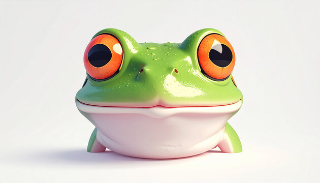 Green frog with big orange eyes and white belly