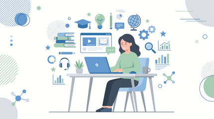Fototapeta premium Illustration of a person working on a laptop surrounded by technology icons and data graphics.