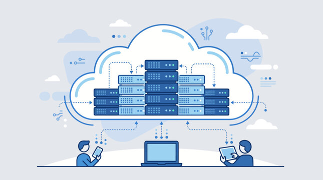 Cloud data center with servers and workers using laptops in a futuristic technology concept.