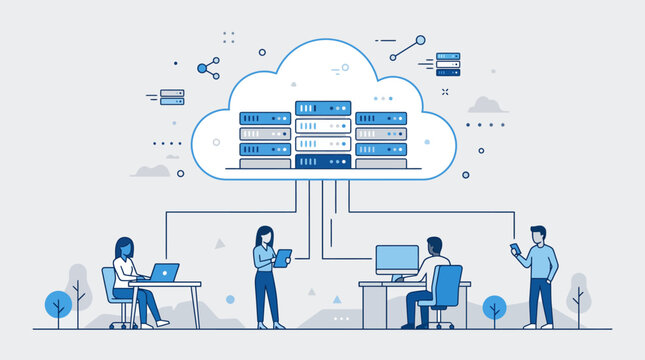 Collaborative technology workspace featuring cloud servers and team interaction.