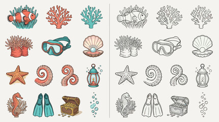 Collection of colorful and monochrome underwater elements, including a clownfish, coral, starfish, seahorse, diving mask, flippers, treasure chest, and seashells. © renender
