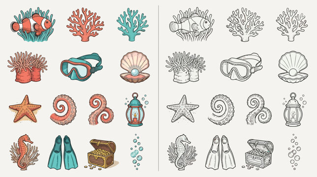 Collection of colorful and monochrome underwater elements, including a clownfish, coral, starfish, seahorse, diving mask, flippers, treasure chest, and seashells.