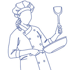 Naklejka premium Line sketch illustration of a female chef cooking using a frying pan and spatula