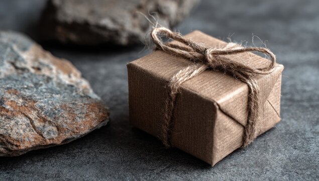 Small kraft paper gift box tied with twine, resting on a dark gray surface amongst rocks