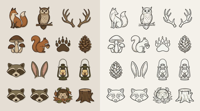 Set of forest animals and nature elements in cartoon style, including foxes, owls, raccoons, squirrels, mushrooms, pine cones, antlers, and lanterns.