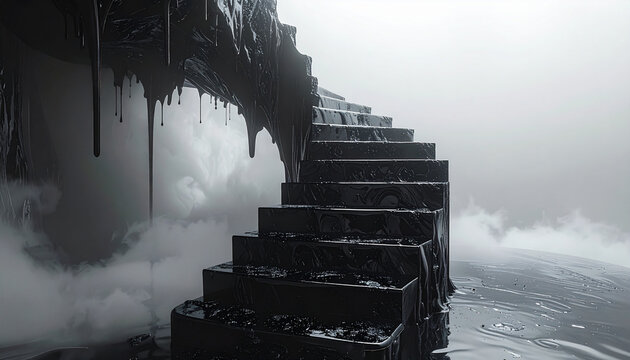 Dark mysterious stone staircase in foggy atmosphere