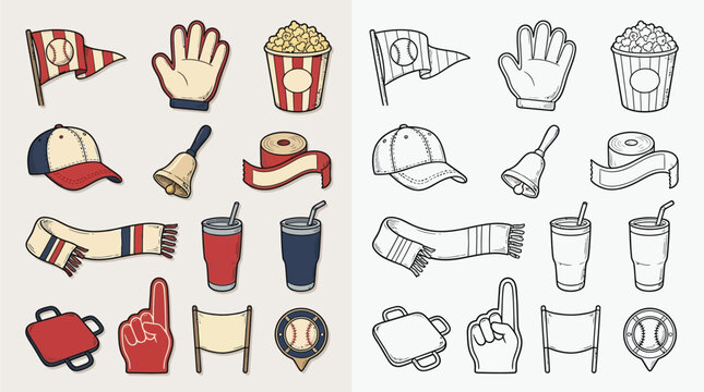 Collection of baseball game icons and symbols, including flags, caps, gloves, popcorn, and drinks, presented in both color and outline versions.