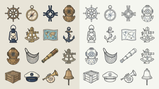 Collection of nautical and maritime icons in color and line art, representing adventure and travel.