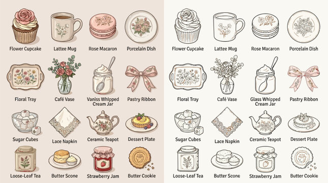 Collection of Vintage Tea Party Elements, Including Cupcakes, Macarons, Teapots, and Jams.