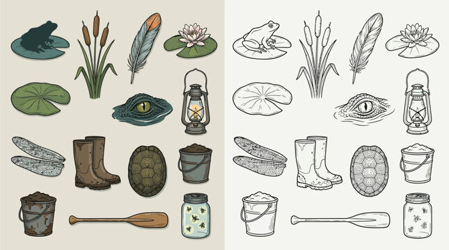 Collection of swamp and wetland elements, including frogs, turtles, cattails, lily pads, feathers, lanterns, boots, oars, and jars of fireflies.