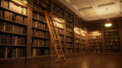 Obraz premium Warm Glowing Classical Library with Wooden Ladder and Towering Bookshelves Toward Knowledge and Aspiration Perfect for Educational Advertising Background and Heritage Interior Presentation
