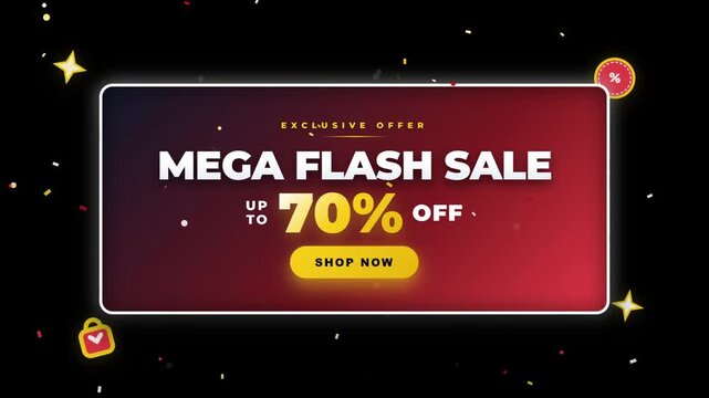 Animated mega flash sale banners with up to 70 off on black background with sparkles