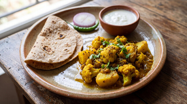 Traditional Indian meal with aloo gobi curry, roti, and yogurt on wooden table