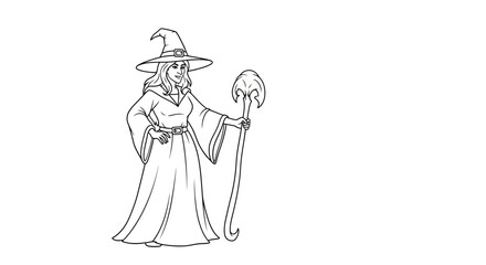 Obraz premium Female wizard holding a magic staff coloring page illustration