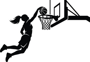 Female Basketball Player Slam Dunking Action Silhouette Vector Illustration. © GOUTOM