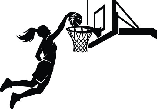 Female Basketball Player Slam Dunking Action Silhouette Vector Illustration.