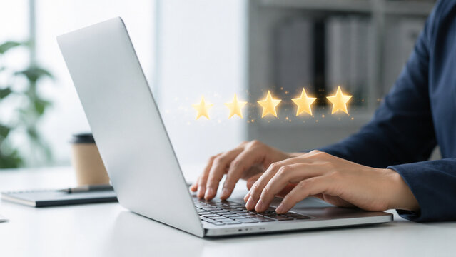 Customer typing on a laptop with glowing five star review ratings
