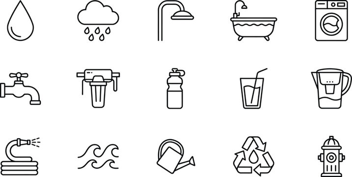 15 Water, Plumbing, and Hydration Line Art Icon Set Vector.