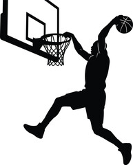 Male Basketball Player Slam Dunking Action Silhouette Vector. © GOUTOM