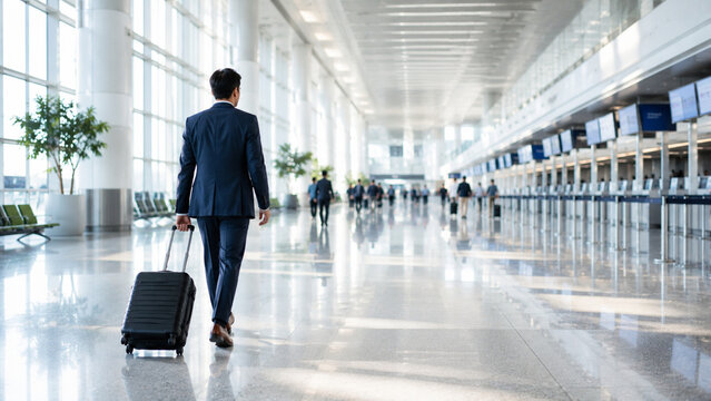 Business traveler walking through an airport terminal with a suitcase