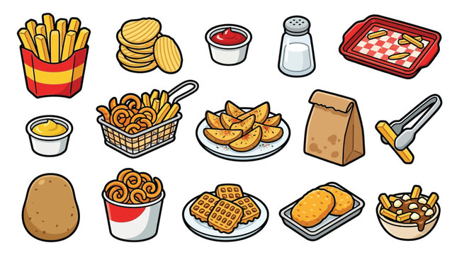 Collection of various potato-based fast food items and ingredients, including fries, chips, wedges, and poutine.