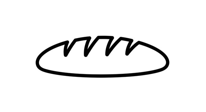Simple black outline drawing of a crusty bread loaf, icon design. Minimalist vector illustration of baked baguette food item.