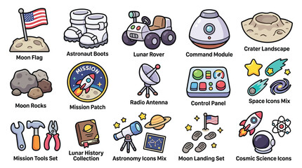 Collection of cartoon-style space exploration and astronomy icons. © geira