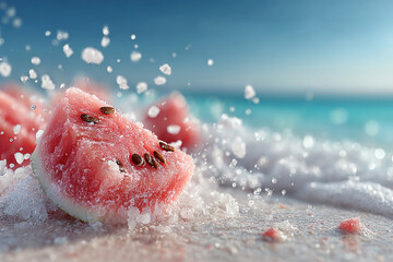 Fototapeta premium Fresh watermelon slices with sea salt splash on sunny tropical beach