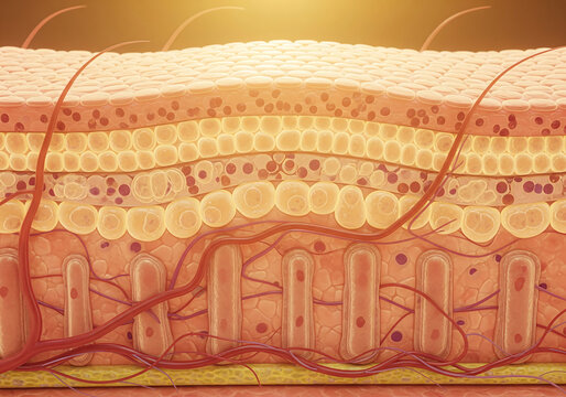 Detailed medical illustration of human skin layers showing blood vessels and cellular structure