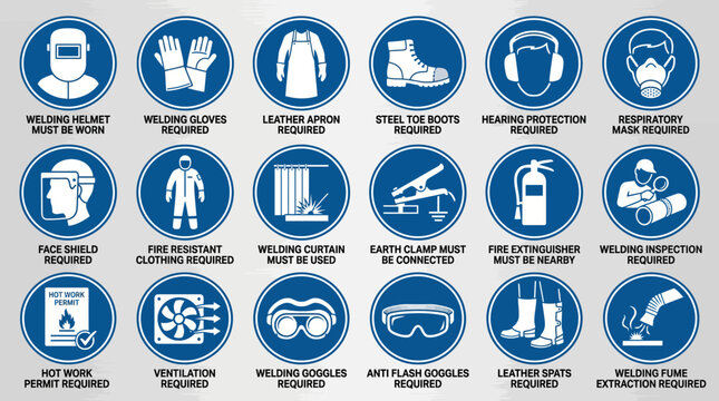 Collection of industrial safety and welding protection mandatory signs.