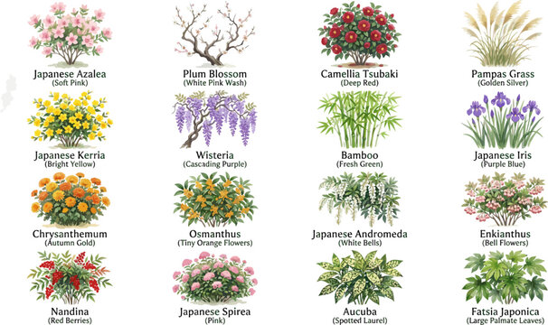 Collection of Japanese Garden Plants and Flowers Illustration.