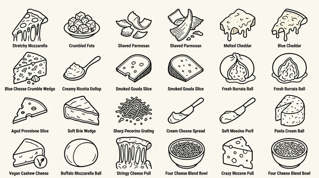 Collection of various types of cheese icons set.