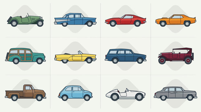 Collection of various vintage classic car illustrations.