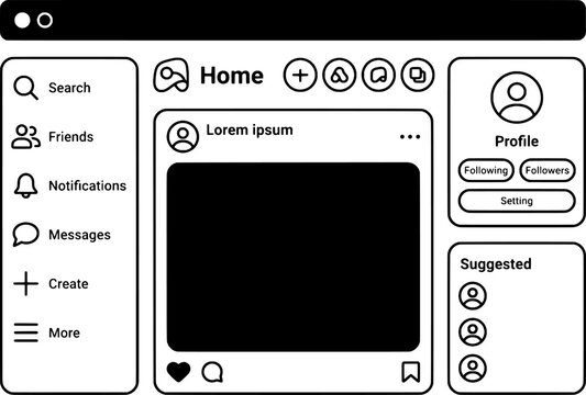 Social Media Interface Wireframe Vector Icon Set with Profile Page, News Feed Post, Notification Sidebar, UX UI Design Website Mockup