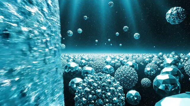 Blue geometric spheres and obelisk in cosmic abstract landscape