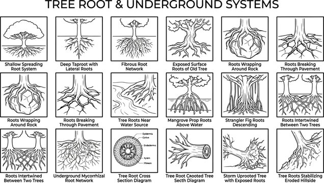 Educational Illustration Set of Diverse Tree Root Systems and Underground Structures.