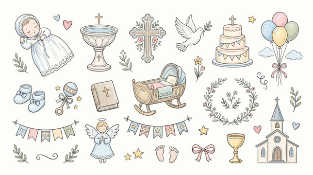 Hand Drawn Baptism and Christening Celebration Elements Set.