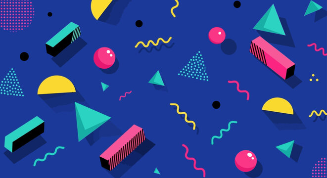 abstract 1980s memphis style background with 3d geometric shapes and patterns