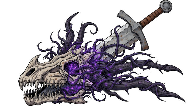 Dark Magic Dragon Skull Wrapped in Thorns with Sword