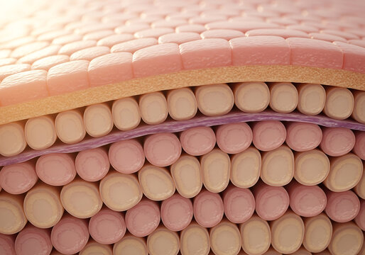 Detailed microscopic cross section illustration of human skin layers showing epidermis with keratinocytes and underlying dermal structure