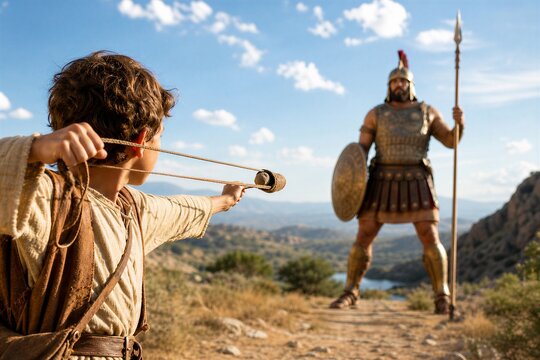 Young shepherd David, with unwavering faith, aims his sling and stone at the armored giant Goliath in a courageous biblical battle.