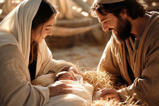 Baby Jesus rests peacefully in a manger, surrounded by Mary and Joseph in a warm, humble stable, depicting the sacred Nativity.