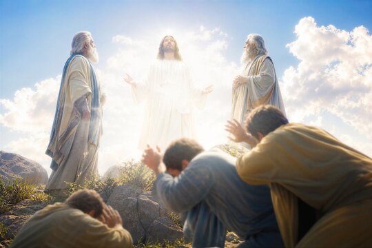 Jesus Christ's Transfiguration on the Mountain, radiating Divine Glory with Moses and Elijah, as Disciples witness in awe.