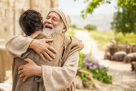 The Prodigal Son's emotional Return, met with a loving Embrace from his Father, symbolizing Forgiveness and Reconciliation.