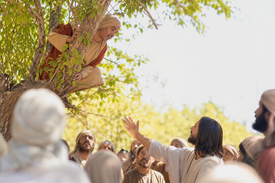 Jesus Christ calls Zacchaeus from the Sycamore Tree, offering Redemption and Hospitality to the Publican.