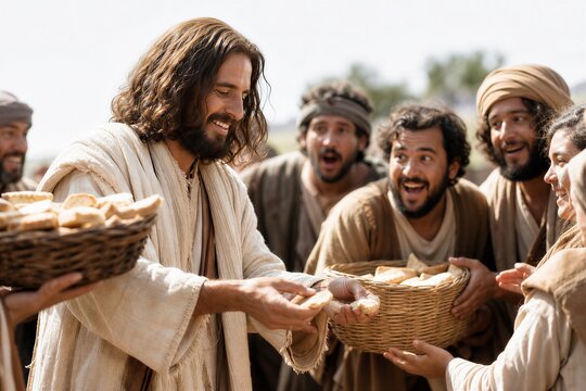 Jesus miraculously multiplies loaves and fishes, feeding a vast multitude in the ancient Galilee wilderness, with disciples distributing abundant provisions.